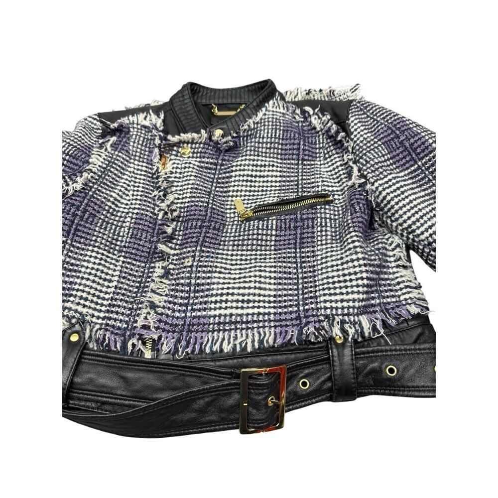Apart Cropped Leather & Wool Blend Biker Jacket Fringe Trim sz 8 - Picture 6 of 15